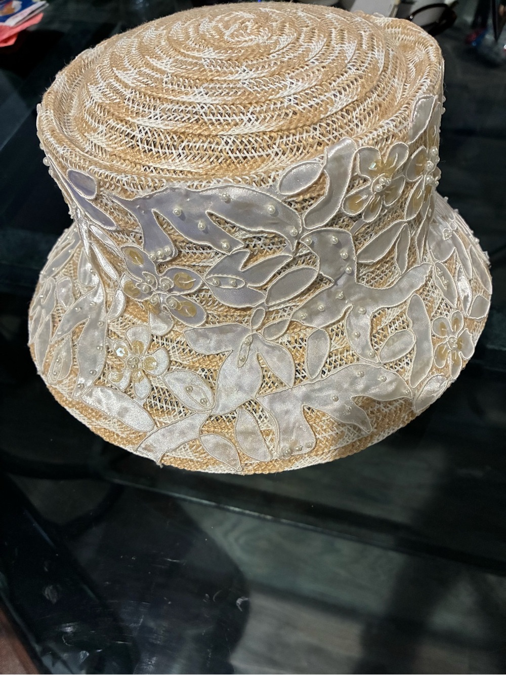 Finesse Cream Straw Bucket Hat with Satin Floral Appliqués and Pearls